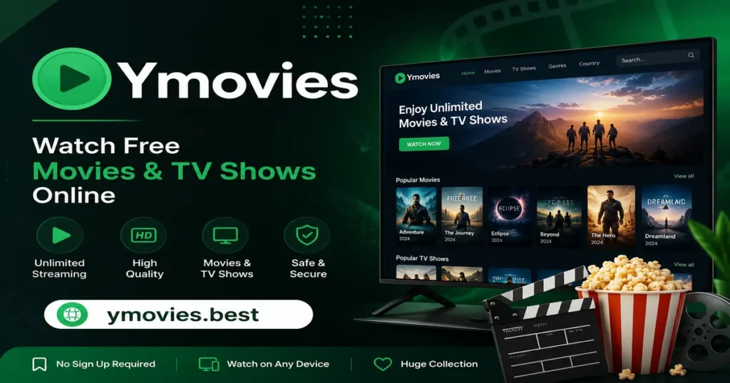 Ymovies.best featured image promoting free movies and TV shows online with a modern streaming interface